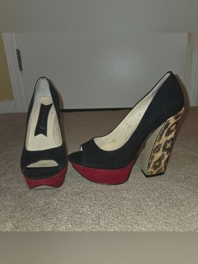 Boutique 9 Alesandra Black & Red Heels with Leopard Print